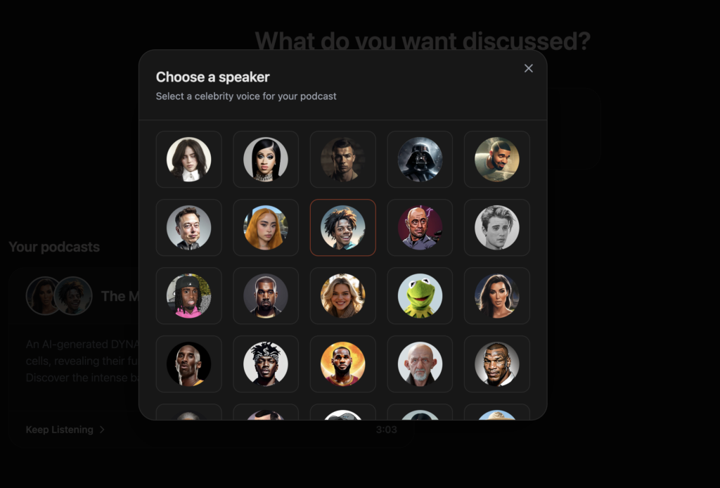 Voice selection screen featuring various celebrity-style icons